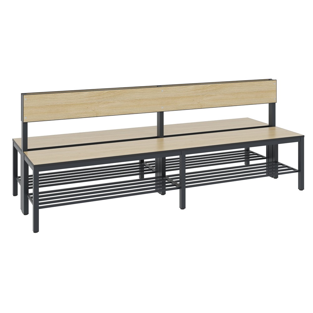 Produktabbildung: C+P Umkleidesitzbank Basic Plus, Länge 1.960 mm, doppelseitig, mit Rückenlehne, inkl. Schuhrost, schwarzgrau/Eiche Sereno