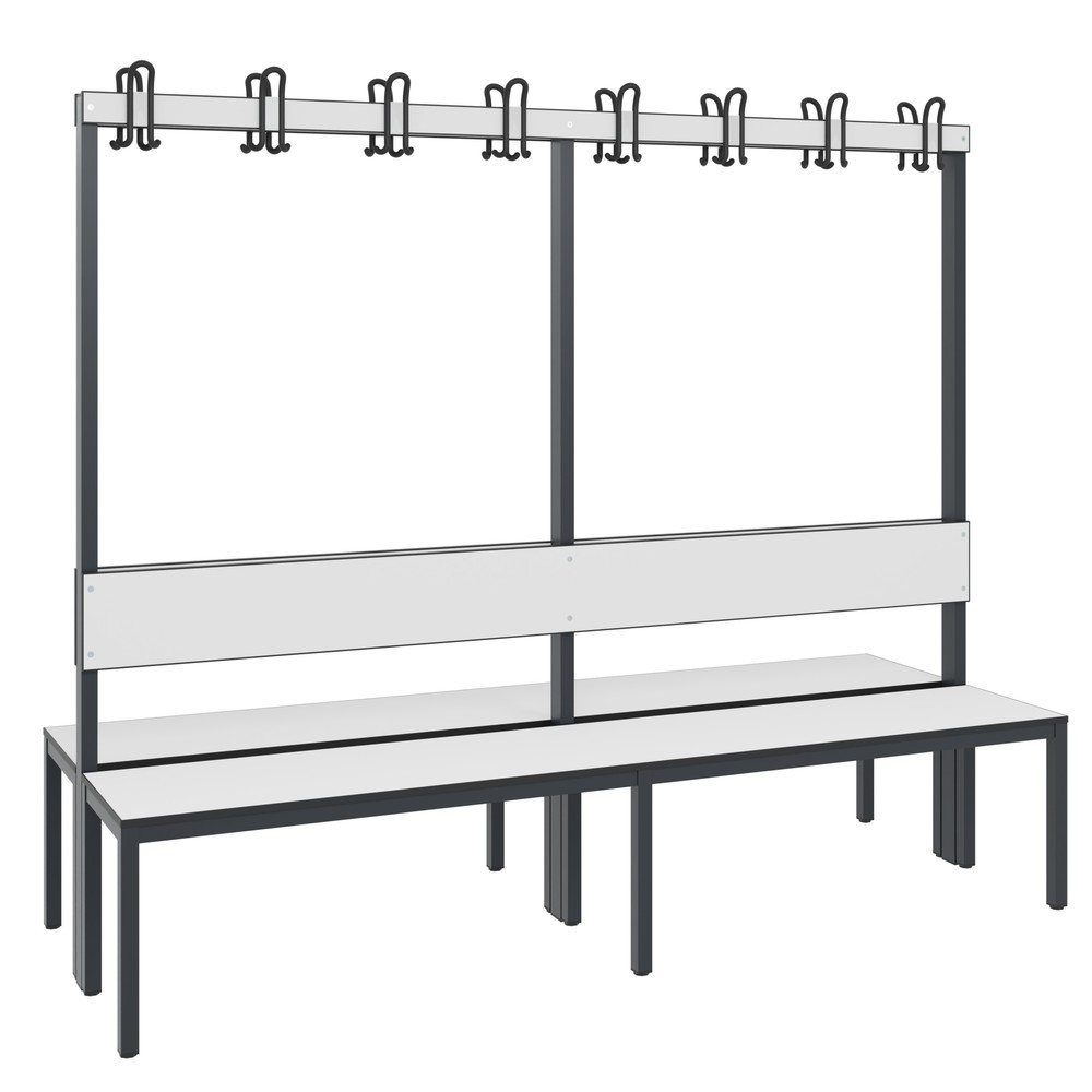 Produktabbildung Nr. 1: C+P Umkleidesitzbank Basic Plus, Länge 1.960 mm, doppelseitig, mit Rückenlehne, 2x8 Doppelhaken, schwarzgrau/weiss