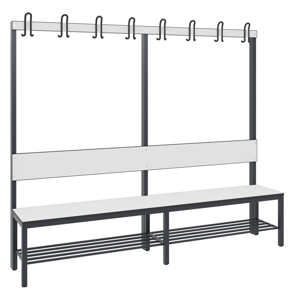 Produktabbildung Nr. 1: C+P Umkleidesitzbank Basic Plus, Länge 1.960 mm, einseitig, mit Rückenlehne, 8 Doppelhaken, inkl. Schuhrost, schwarzgrau/weiss