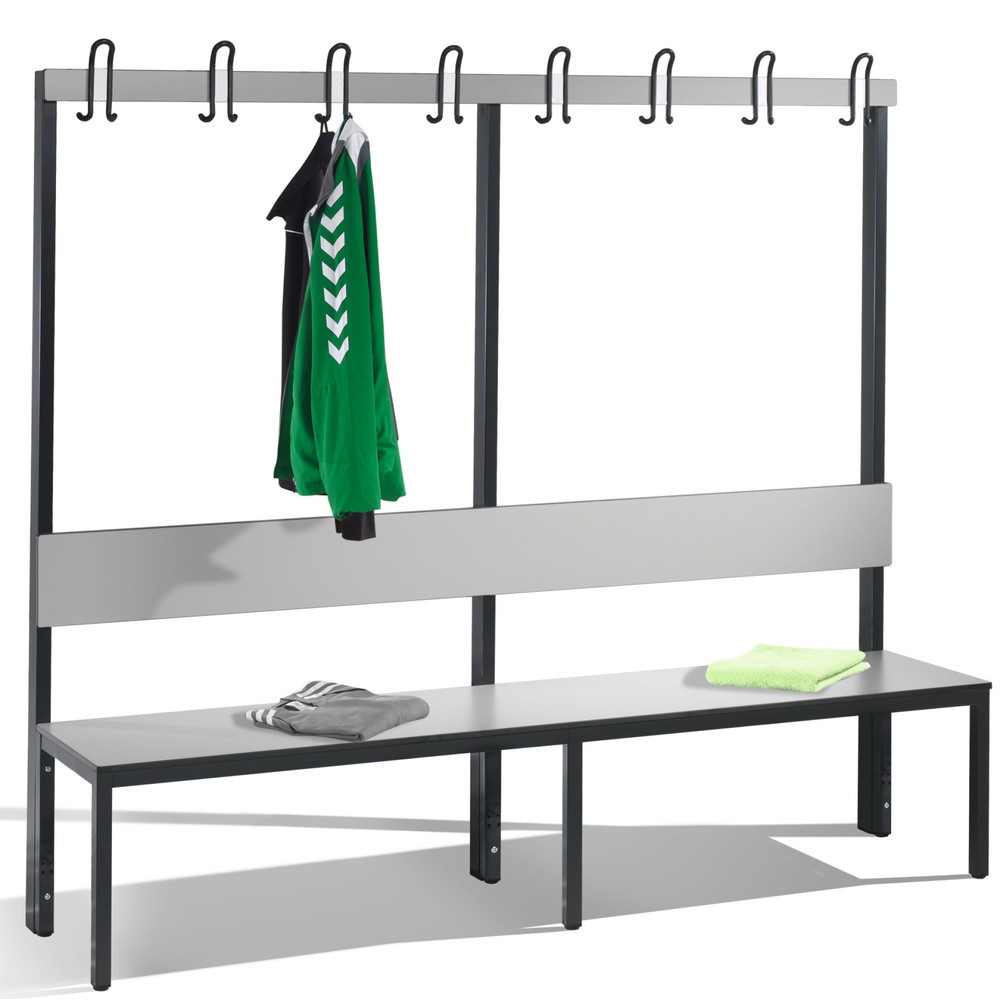 Produktabbildung Nr. 1: C+P Umkleidesitzbank Basic Plus, Länge 1.960 mm, einseitig, mit Rückenlehne, 8 Doppelhaken, schwarzgrau/silbergrau