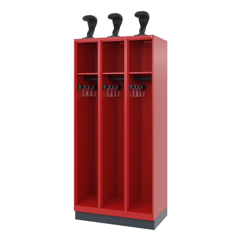 Illustration du produit: C+P Vestiaire pompier EXPERT, socle, 3 compartiments, HxlxP 1 850 x 900 x 500 mm, rouge feu, avec support de casque