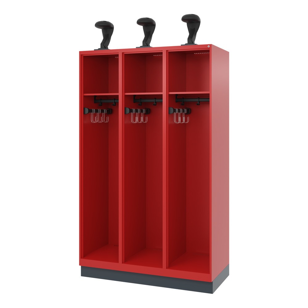 Illustration du produit: C+P Vestiaire pompier EXPERT, socle, 3 compartiments, HxlxP 1 850 x 1 200 x 500 mm, rouge feu, avec support de casque
