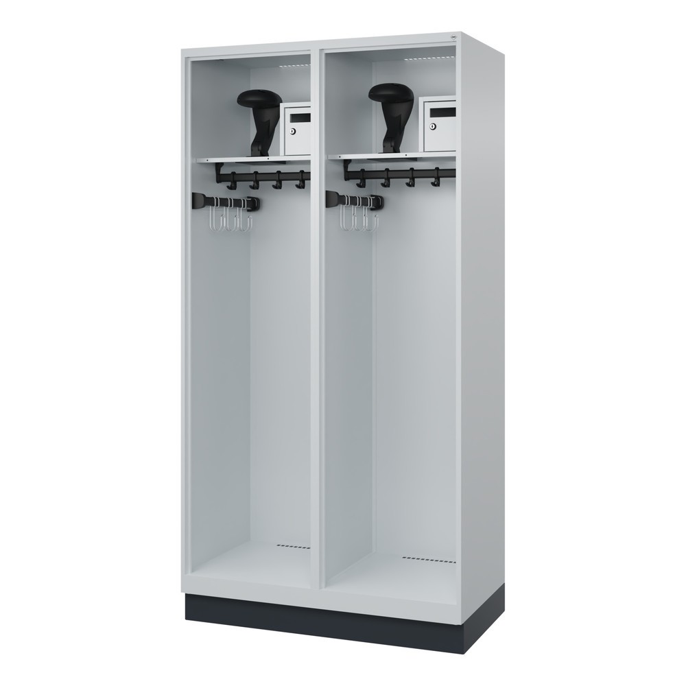 Illustration du produit: C+P Vestiaire pompier FLEXO, socle, 2 compartiments, HxlxP 1 850 x 1 000 x 500 mm, gris clair, avec support de casque