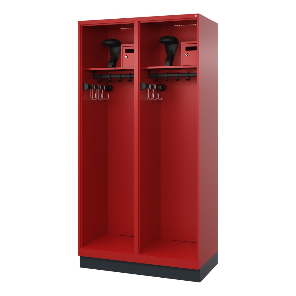 Illustration du produit: C+P Vestiaire pompier FLEXO, socle, 2 compartiments, HxlxP 1 850 x 1 000 x 500 mm, rouge feu, avec support de casque