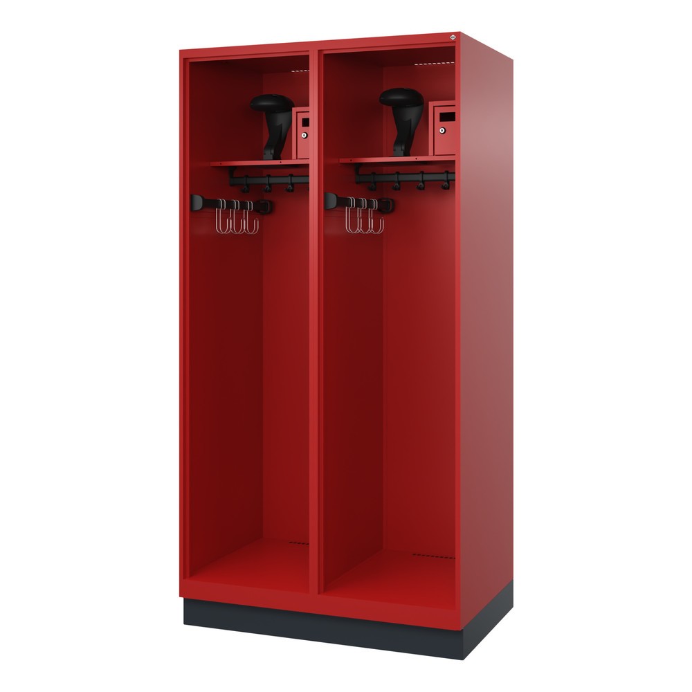 Illustration du produit: C+P Vestiaire pompier FLEXO, socle, 2 compartiments, HxlxP 1 850 x 1 000 x 600 mm, rouge feu, avec support de casque