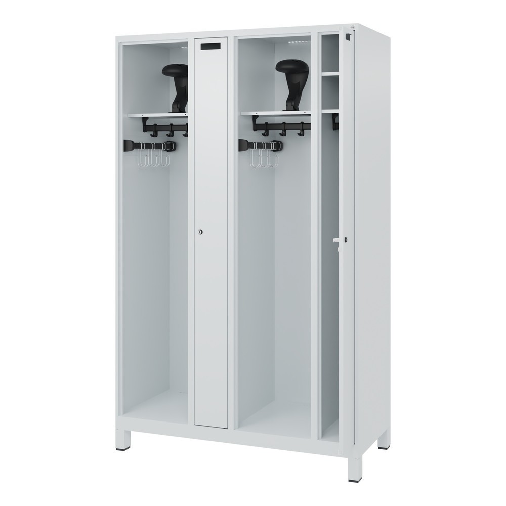 Illustration du produit: C+P Vestiaire pompier KOMBI, pieds, 2 compartiments, HxlxP 1 850 x 1 200 x 500 mm, gris clair, avec support de casque