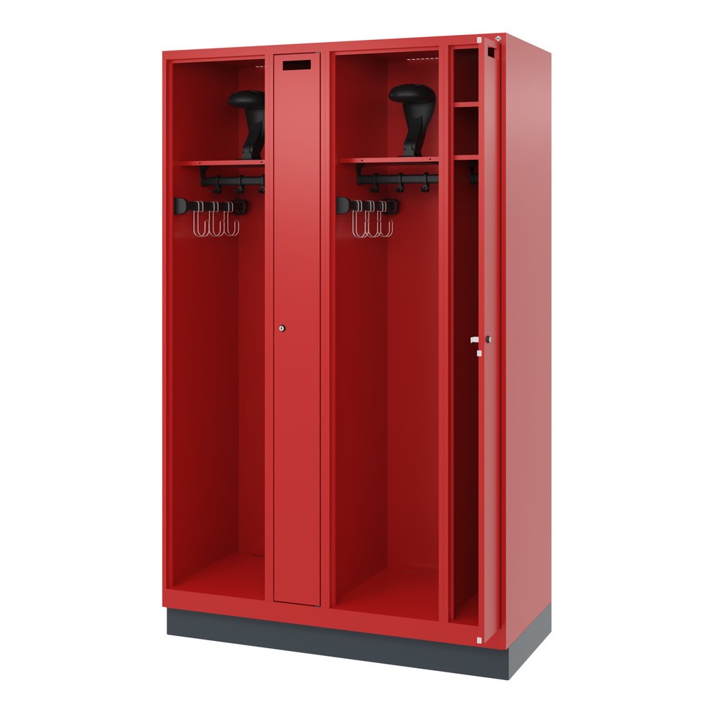 Illustration du produit: C+P Vestiaire pompier KOMBI, socle, 2 compartiment, HxlxP 1 850 x 1 200 x 500 mm, rouge feu, avec support de casque