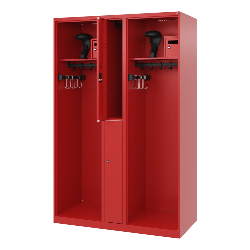 Illustration du produit: C+P Vestiaire pompier MAXI, patins, HxlxP 1 850 x 1 200 x 500 mm, rouge feu, avec support de casque