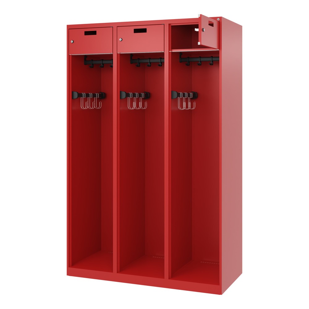 Illustration du produit: C+P Vestiaire pompier PRAKTUS, patins, 3 compartiments, HxlxP 1 850 x 1 200 x 500 mm, rouge feu