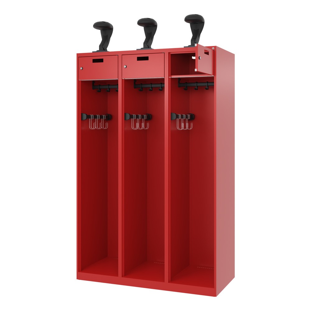 Illustration du produit: C+P Vestiaire pompier PRAKTUS, patins, 3 compartiments, HxlxP 1 850 x 1 200 x 500 mm, rouge feu, avec support de casque