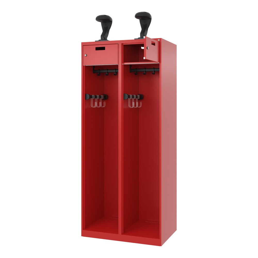 Illustration du produit: C+P Vestiaire pompier PRAKTUS, patins, 2 compartiments, HxlxP 1 850 x 800 x 500 mm, rouge feu, avec support de casque