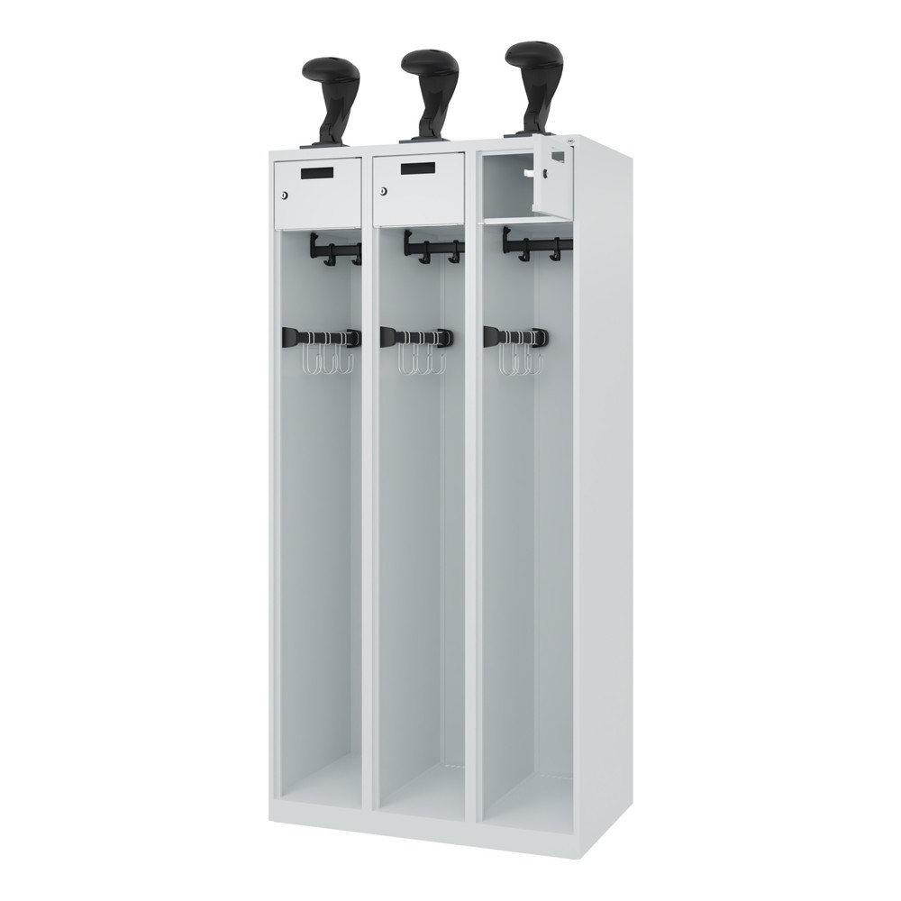 Illustration du produit: C+P Vestiaire pompier PRAKTUS, patins, 3 compartiments, HxlxP 1 850 x 900 x 500 mm, gris clair, avec support de casque