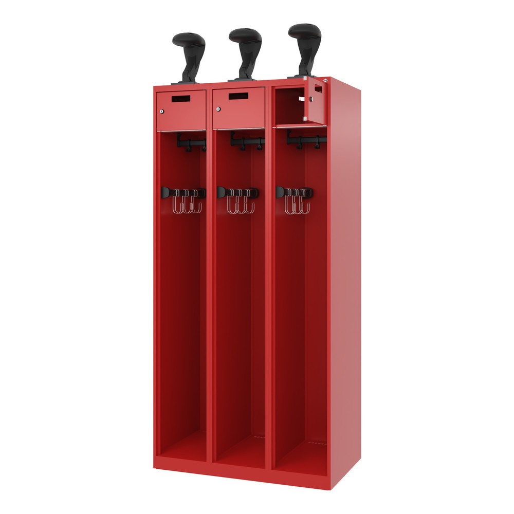 Illustration du produit: C+P Vestiaire pompier PRAKTUS, patins, 3 compartiments, HxlxP 1 850 x 900 x 500 mm, rouge feu, avec support de casque