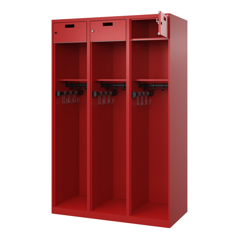 Illustration du produit: C+P Vestiaire pompier PRAKTUS, patins, 3 compartiments, HxlxP 1 850 x 1 200 x 500 mm, rouge feu