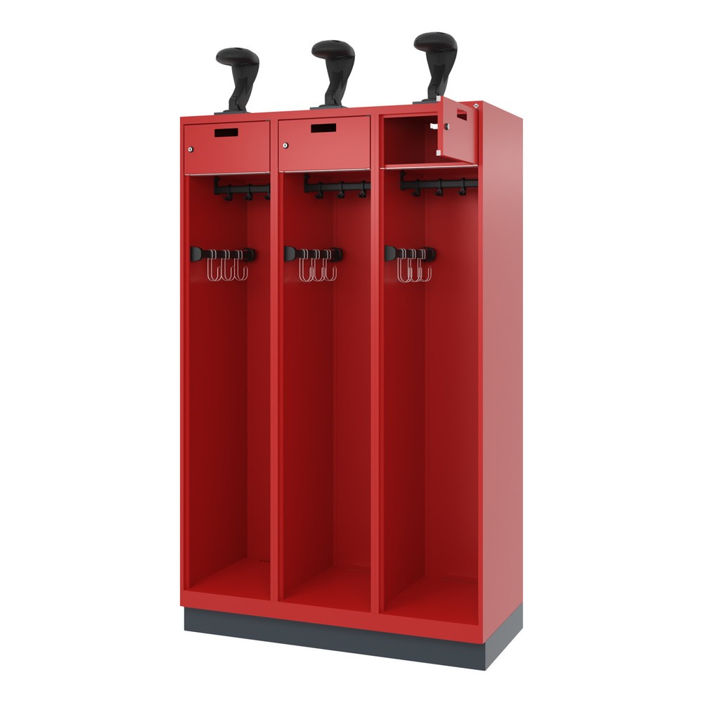Illustration du produit: C+P Vestiaire pompier PRAKTUS, socle, 3 compartiments, HxlxP 1 850 x 1 200 x 500 mm, rouge feu, avec support de casque