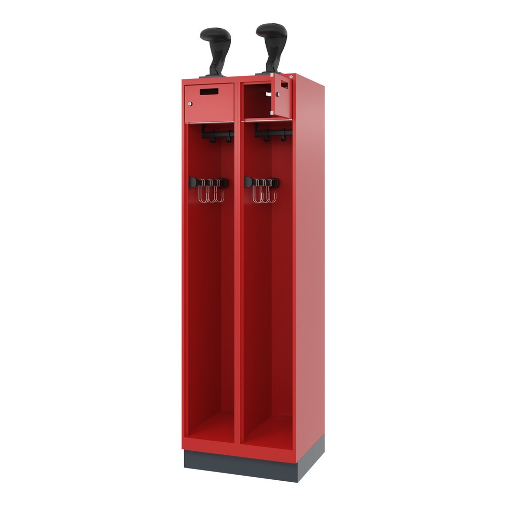 Illustration du produit: C+P Vestiaire pompier PRAKTUS, socle, 2 compartiments, HxlxP 1 850 x 600 x 500 mm, rouge feu, avec support de casque