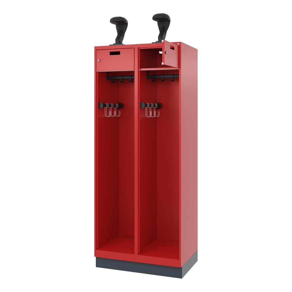 Illustration du produit: C+P Vestiaire pompier PRAKTUS, socle, 2 compartiments, HxlxP 1 850 x 800 x 500 mm, rouge feu, avec support de casque