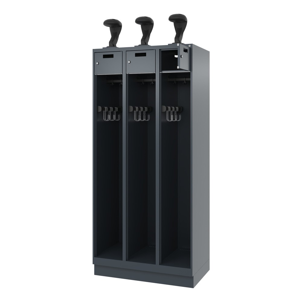 Illustration du produit: C+P Vestiaire pompier PRAKTUS, socle, 3 compartiments, HxlxP 1 850 x 900 x 500 mm, gris anthracite, avec support de casque