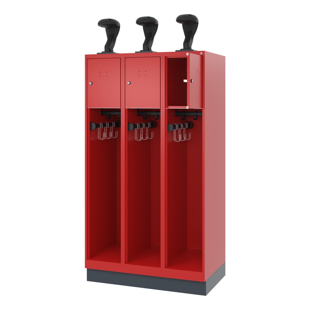 Illustration du produit: C+P Vestiaire pompier YOUNGSTER, socle, 3 compartiments, HxlxP 1 530 x 900 x 500 mm, rouge feu, avec support de casque