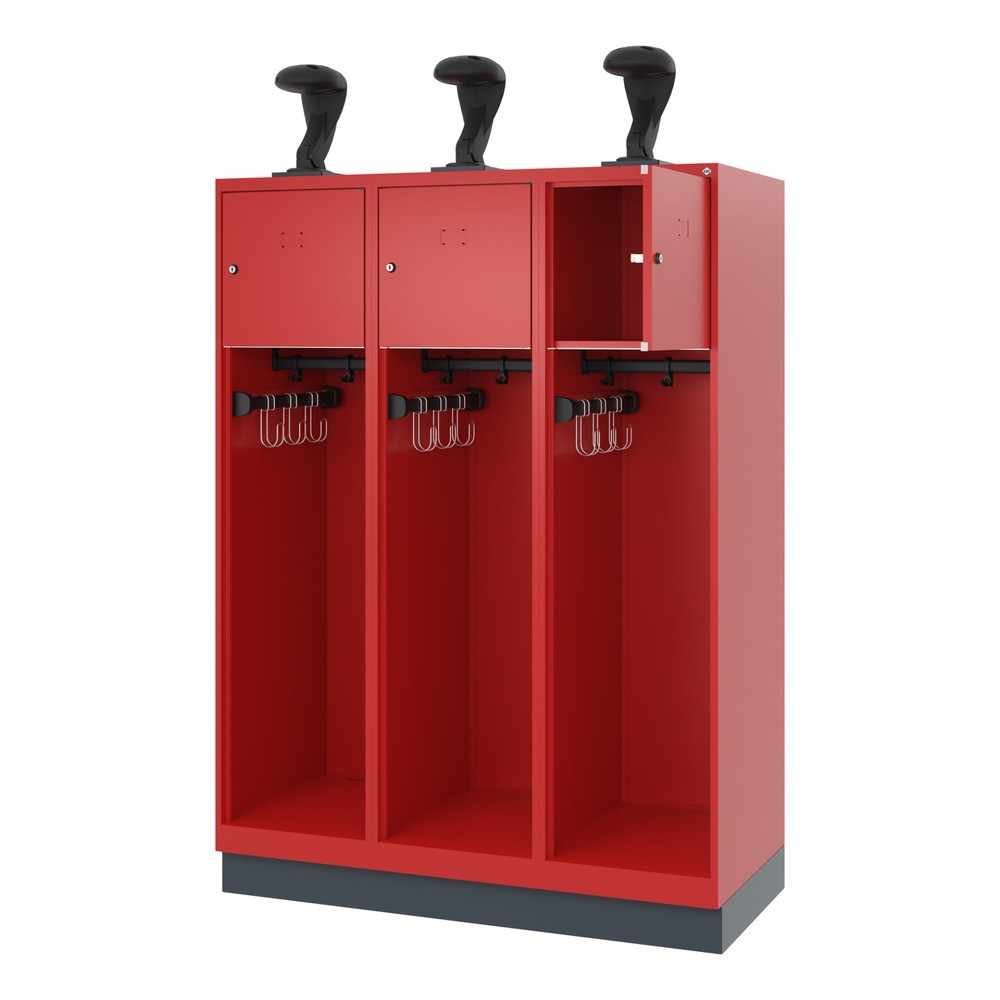 Produktabbildung Nr. 1: C+P Vestiaire pompier YOUNGSTER, socle, 3 compartiments, HxlxP 1 530 x 1 200 x 500 mm, rouge feu, avec support de casque