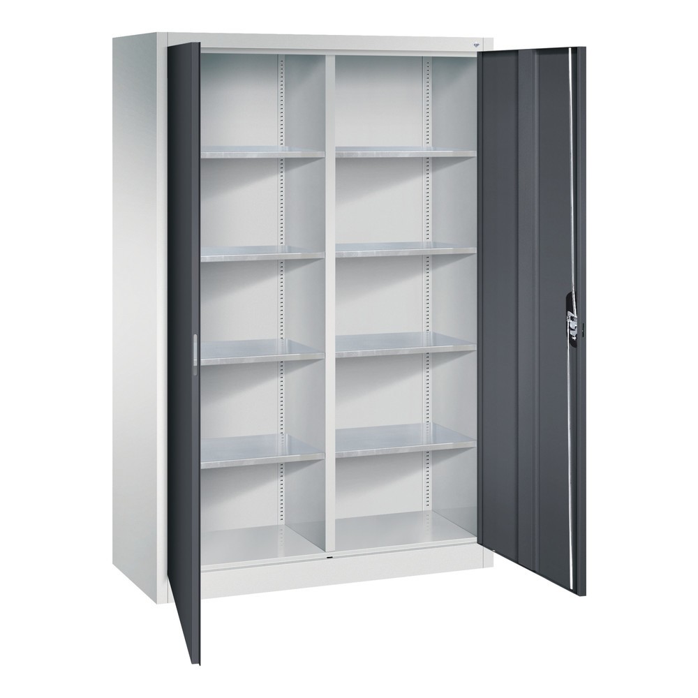Produktabbildung: C+P Werkstatt-Flügeltürschrank mit Mittelwand + 8 Fachböden, HxBxT 1.950 x 1.200 x 500 mm, lichtgrau, schwarzgrau
