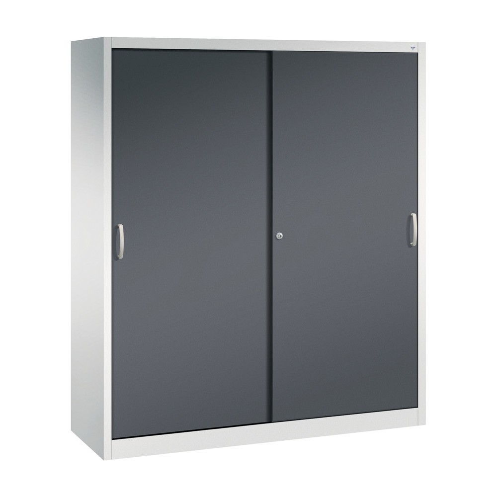 Produktabbildung: C+P Werkstatt-Schiebetürenschrank mit 8 Fachböden, HxBxT 1.950 x 1.600 x 500 mm, Trennwand, lichtgrau, schwarzgrau