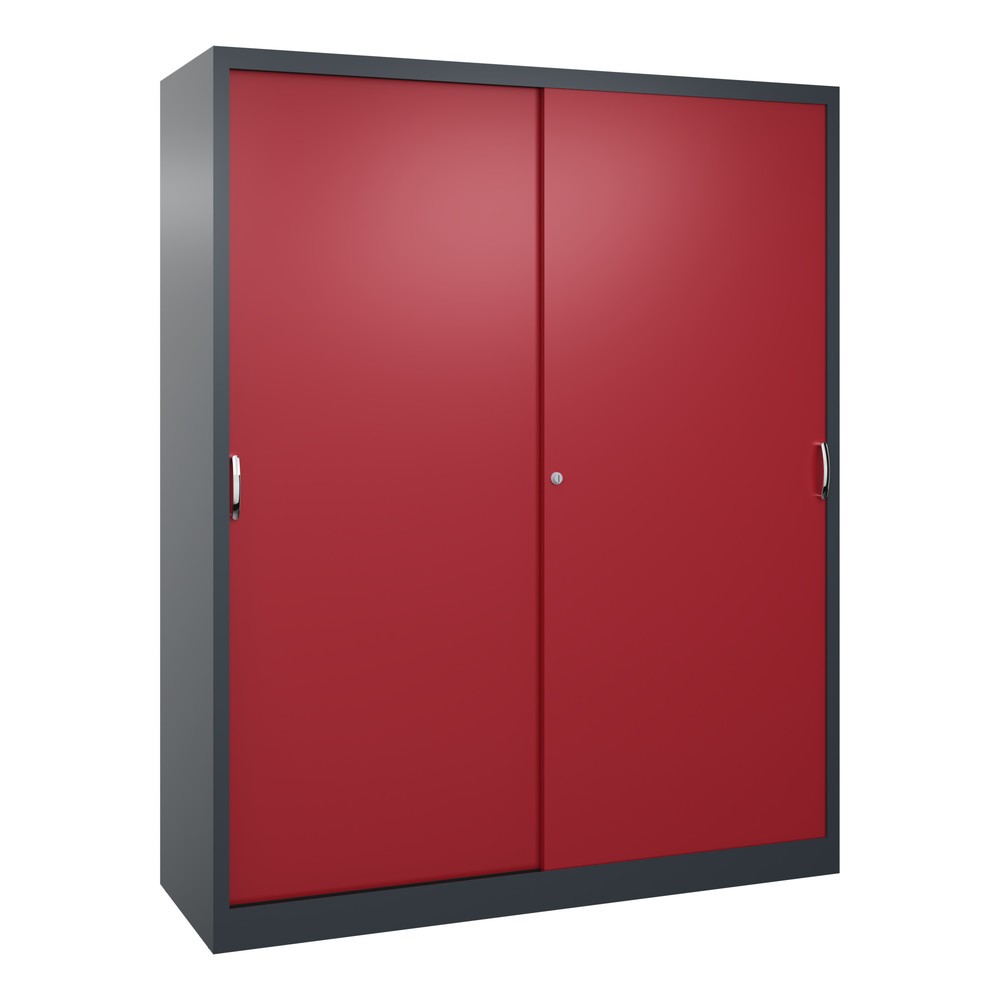Produktabbildung: C+P Werkstatt-Schiebetürenschrank mit 8 Fachböden, HxBxT 1.950 x 1.600 x 500 mm, Trennwand, anthrazitgrau, rubinrot