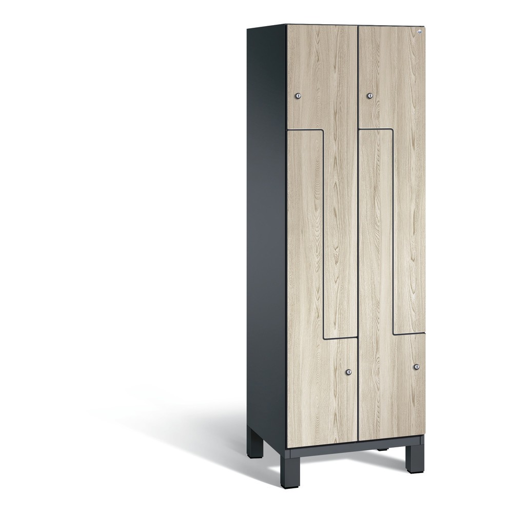 Produktabbildung: C+P Z-Garderobenschrank Cambio, 2 Abteile, Abteilbreite 300 mm, HxBxT 1980x600x525 mm, RAL 7021 Schwarzgrau, Dekor Sen-Esche, Füsse