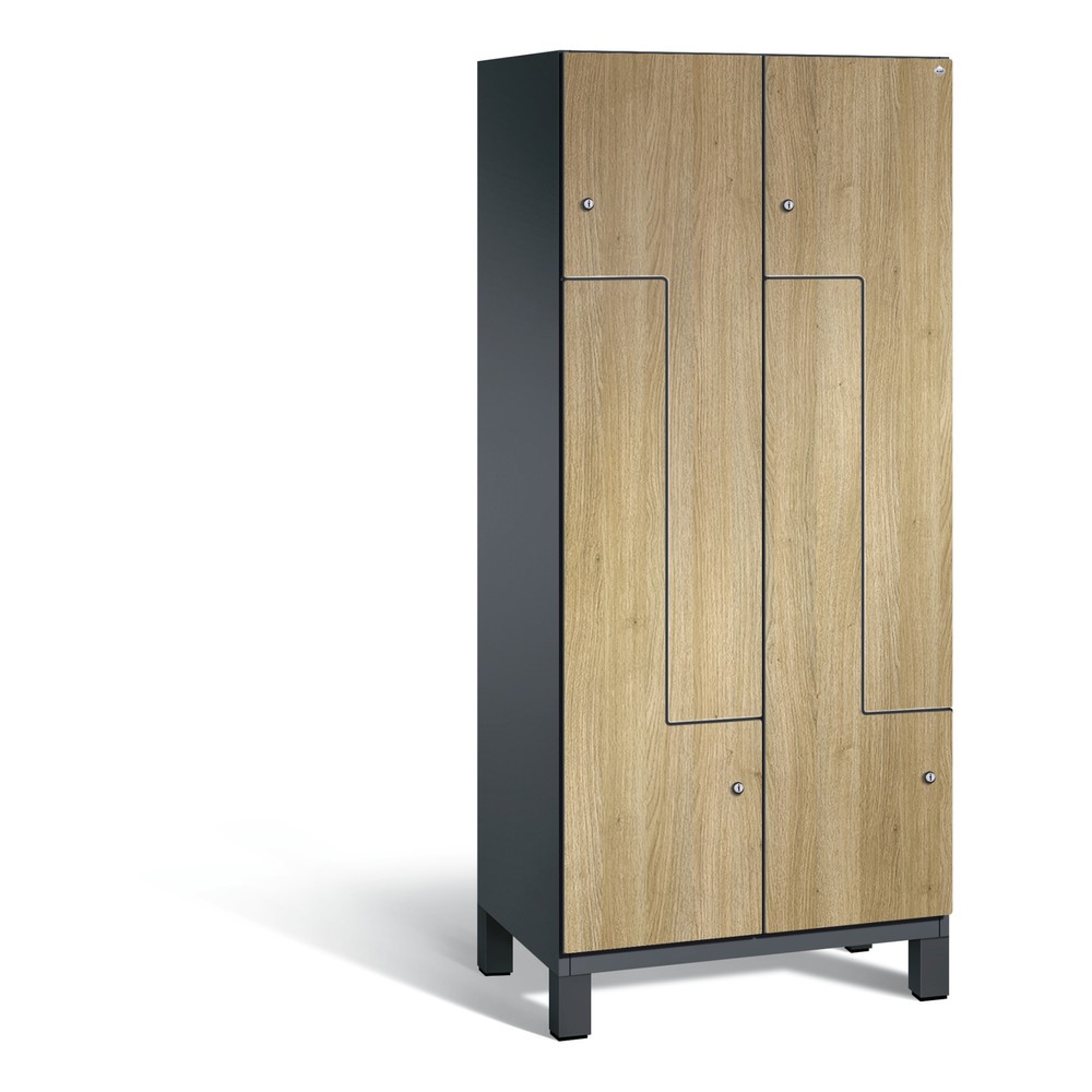 Produktabbildung: C+P Z-Spind Cambio, 2 Abteile, Abteilbreite 400 mm, HxBxT 1980x800x525 mm, RAL 7021 Schwarzgrau, Dekor Eiche Sereno, Füsse