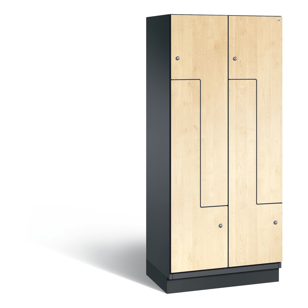 Produktabbildung: C+P Z-Spind Cambio, 2 Abteile, Abteilbreite 400 mm, HxBxT 1980x800x525 mm, RAL 7021 Schwarzgrau, Dekor Donau-Ahorn, Sockel