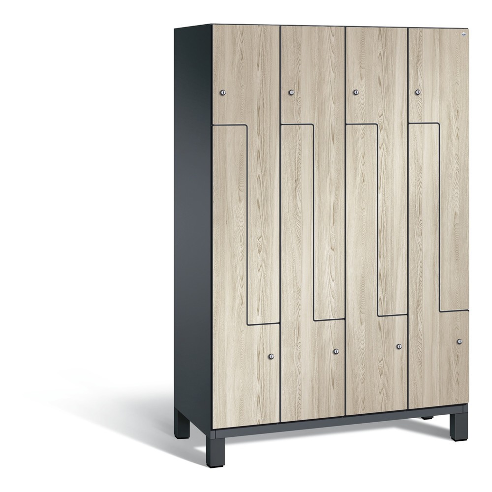 Produktabbildung: C+P Z-Spind Cambio, 4 Abteile, Abteilbreite 400 mm, HxBxT 1980x1200x525 mm, RAL 7021 Schwarzgrau, Dekor Sen-Esche, Füsse
