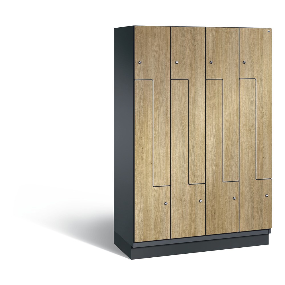 Produktabbildung: C+P Z-Spind Cambio, 4 Abteile, Abteilbreite 400 mm, HxBxT 1980x1200x525 mm, RAL 7021 Schwarzgrau, Dekor Eiche Sereno, Sockel