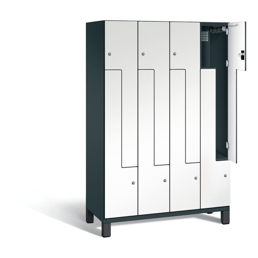Produktabbildung: C+P Z-Spind Cambio, 4 Abteile, Abteilbreite 400 mm, HxBxT 1980x1200x525 mm, RAL 7016 Anthrazitgrau, Dekor Weiss, Füsse