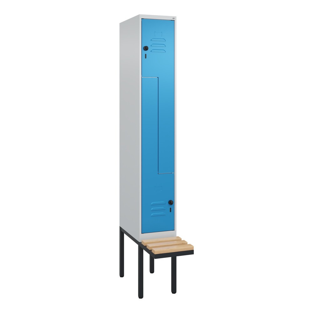 Illustration du produit: C+P Z-Spind Classic PLUS, 2 Abteile, HxBxT 2.120 x 300 x 815 mm, für Vorhängeschloss, auskragende Bank aus Buche, lichtgrau, lichtblau