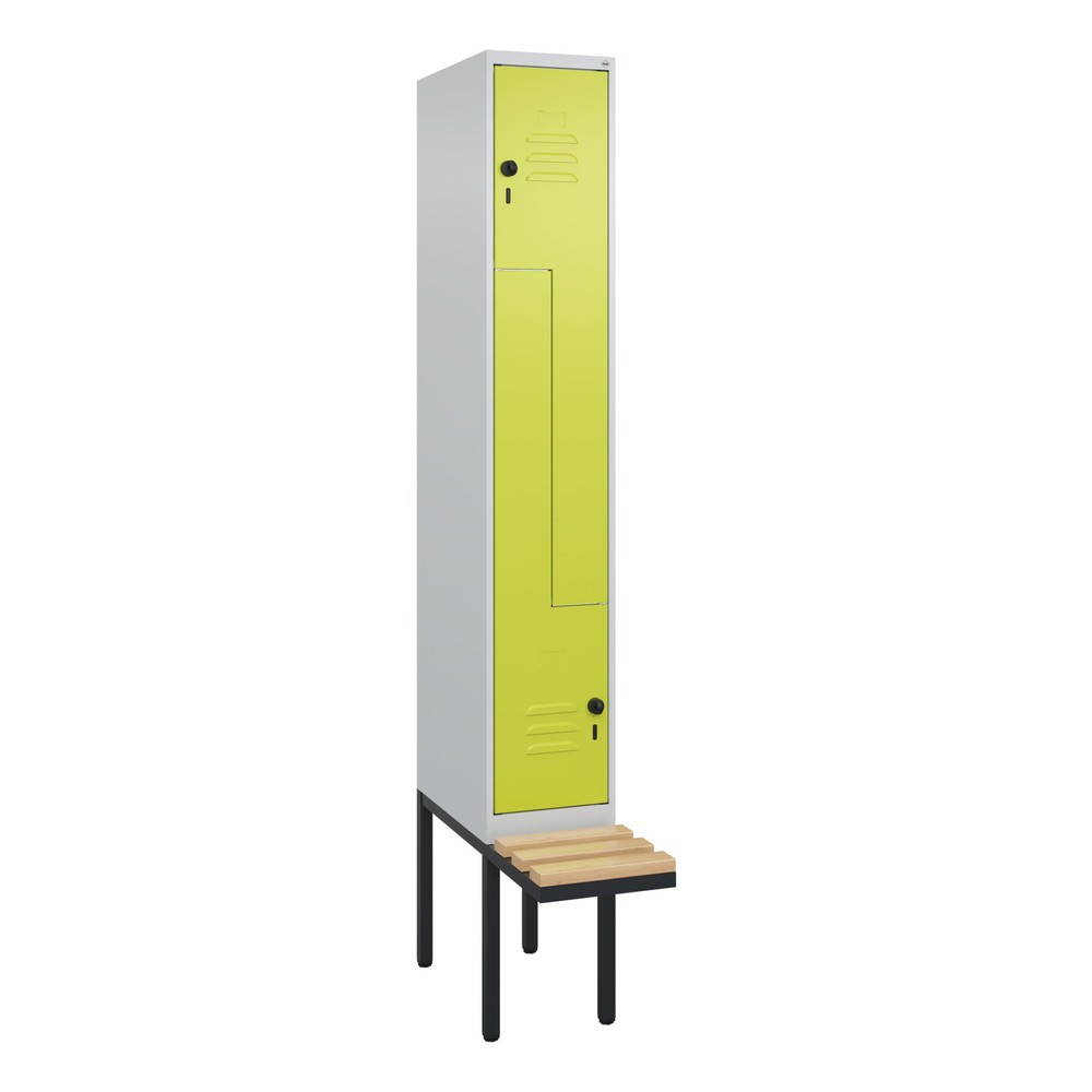 Illustration du produit: C+P Z-Spind Classic PLUS, 2 Abteile, HxBxT 2.120 x 300 x 815 mm, für Vorhängeschloss, auskragende Bank aus Buche, lichtgrau, clowngrün