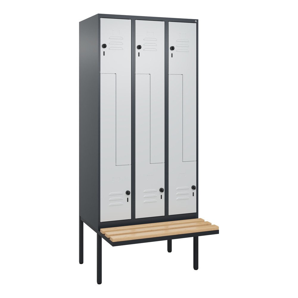 Produktabbildung: C+P Z-Spind Classic PLUS, 6 Abteile, HxBxT 2.120 x 900 x 815 mm, für Vorhängeschloss, auskragende Bank aus Buche, anthrazitgrau, lichtgrau