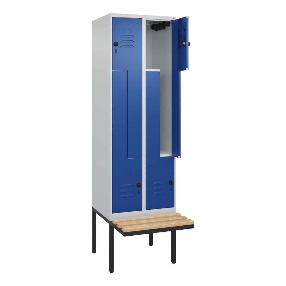 Produktabbildung Nr. 1: C+P Z-Spind Classic PLUS, 4 Abteile, HxBxT 2.120 x 600 x 815 mm, für Vorhängeschloss, auskragende Bank aus Buche, lichtgrau, enzianblau