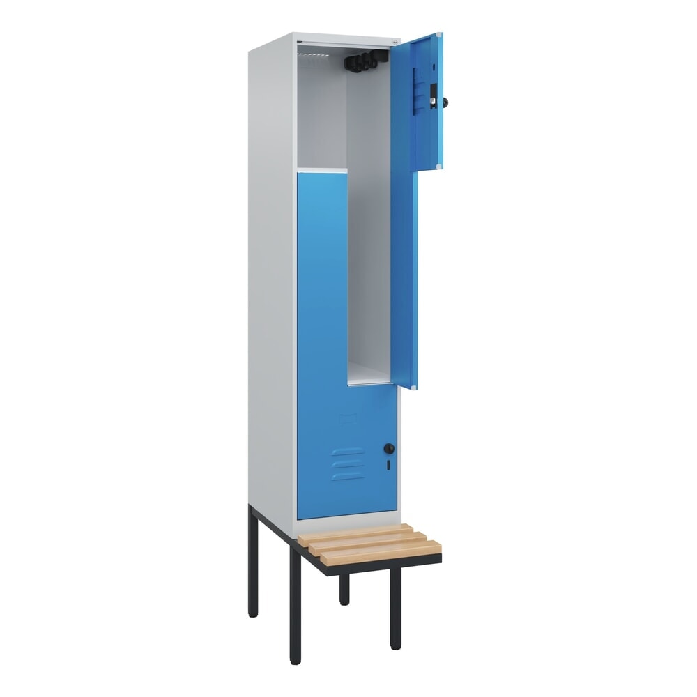 Illustration du produit: C+P Z-Spind Classic PLUS, 2 Abteile, HxBxT 2.120 x 400 x 815 mm, für Vorhängeschloss, auskragende Bank aus Buche, lichtgrau, lichtblau