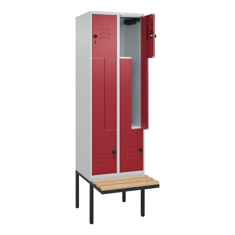 Illustration du produit: C+P Z-Spind Classic PLUS, 4 Abteile, HxBxT 2.120 x 600 x 815 mm, für Vorhängeschloss, auskragende Bank aus Buche, lichtgrau, rubinrot