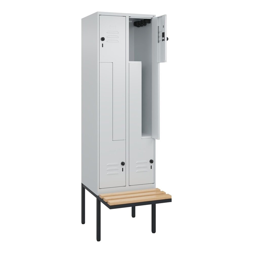 Illustration du produit: C+P Z-Spind Classic PLUS, 4 Abteile, HxBxT 2.120 x 600 x 815 mm, für Vorhängeschloss, auskragende Bank aus Buche, lichtgrau, lichtgrau