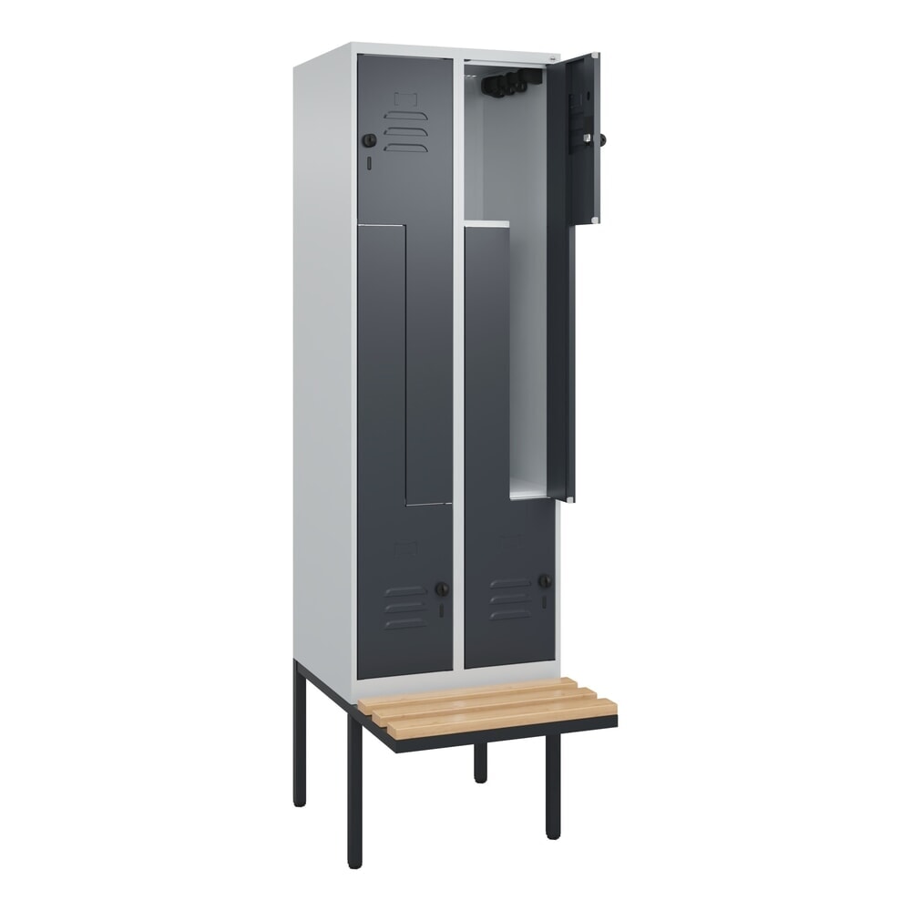 Illustration du produit: C+P Z-Spind Classic PLUS, 4 Abteile, HxBxT 2.120 x 600 x 815 mm, für Vorhängeschloss, auskragende Bank aus Buche, lichtgrau, anthrazitgrau