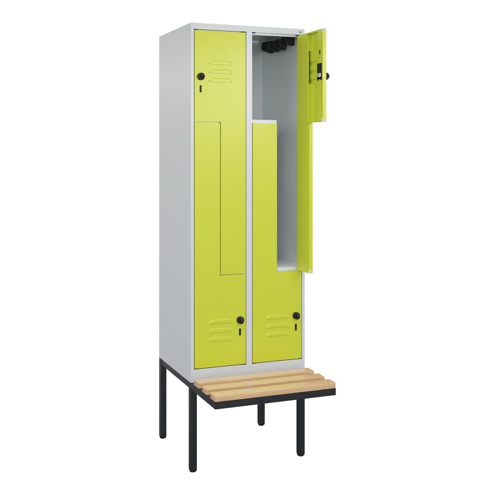 Illustration du produit: C+P Z-Spind Classic PLUS, 4 Abteile, HxBxT 2.120 x 600 x 815 mm, für Vorhängeschloss, auskragende Bank aus Buche, lichtgrau, clowngrün