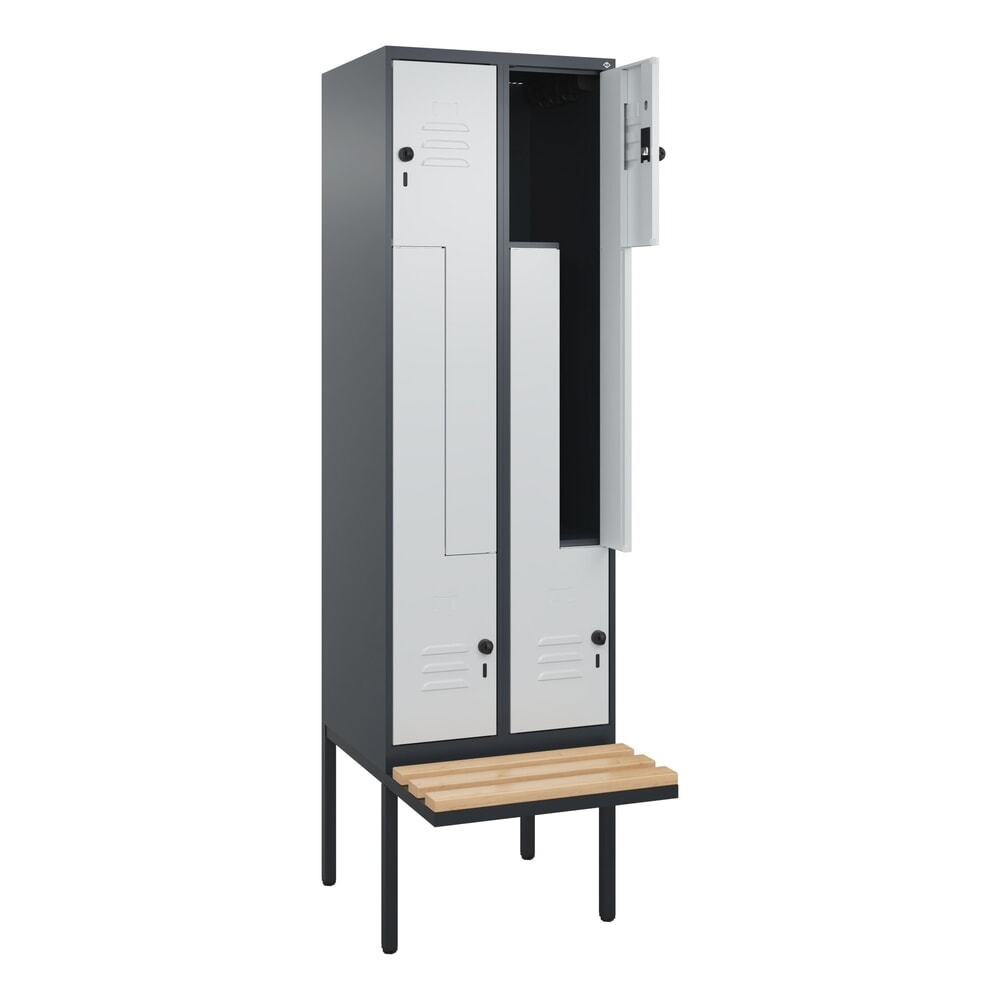 Illustration du produit: C+P Z-Spind Classic PLUS, 4 Abteile, HxBxT 2.120 x 600 x 815 mm, für Vorhängeschloss, auskragende Bank aus Buche, anthrazitgrau, lichtgrau