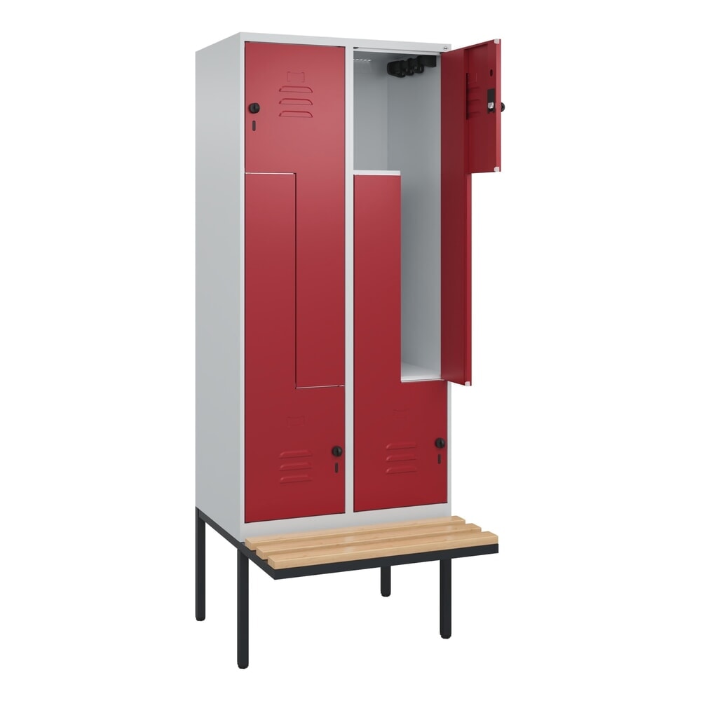 C+P Z-Spind Classic PLUS, 4 Abteile, HxBxT 2.120 x 800 x 815 mm, für Vorhängeschloss, auskragende Bank aus Buche, lichtgrau, rubinrot Illustration du produit: C+P Z-Spind Classic PLUS, 4 Abteile, HxBxT 2.120 x 800 x 815 mm, für Vorhängeschloss, auskragende Bank aus Buche, lichtgrau, rubinrot