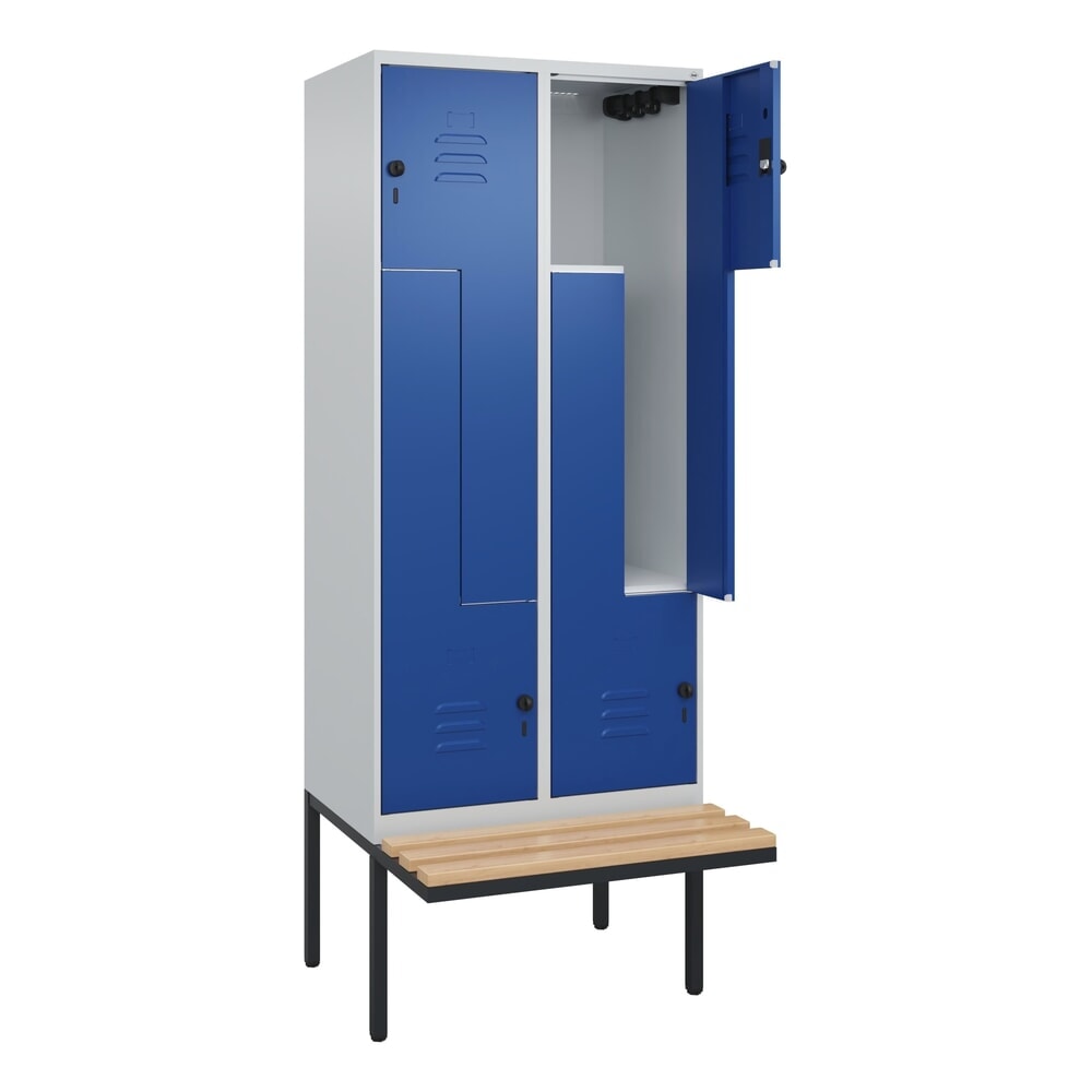 C+P Z-Spind Classic PLUS, 4 Abteile, HxBxT 2.120 x 800 x 815 mm, für Vorhängeschloss, auskragende Bank aus Buche, lichtgrau, enzianblau Illustration du produit: C+P Z-Spind Classic PLUS, 4 Abteile, HxBxT 2.120 x 800 x 815 mm, für Vorhängeschloss, auskragende Bank aus Buche, lichtgrau, enzianblau