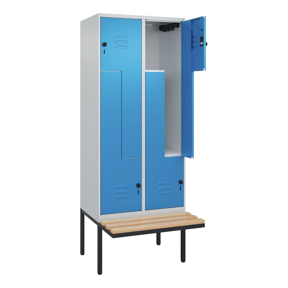 C+P Z-Spind Classic PLUS, 4 Abteile, HxBxT 2.120 x 800 x 815 mm, für Vorhängeschloss, auskragende Bank aus Buche, lichtgrau, lichtblau Illustration du produit: C+P Z-Spind Classic PLUS, 4 Abteile, HxBxT 2.120 x 800 x 815 mm, für Vorhängeschloss, auskragende Bank aus Buche, lichtgrau, lichtblau