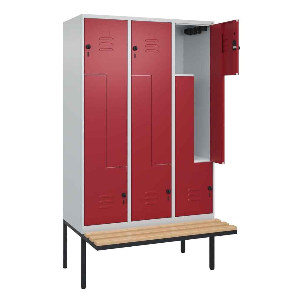 C+P Z-Spind Classic PLUS, 6 Abteile, HxBxT 2.120 x 1.200 x 815 mm, für Vorhängeschloss, auskragende Bank aus Buche, lichtgrau, rubinrot Illustration du produit: C+P Z-Spind Classic PLUS, 6 Abteile, HxBxT 2.120 x 1.200 x 815 mm, für Vorhängeschloss, auskragende Bank aus Buche, lichtgrau, rubinrot