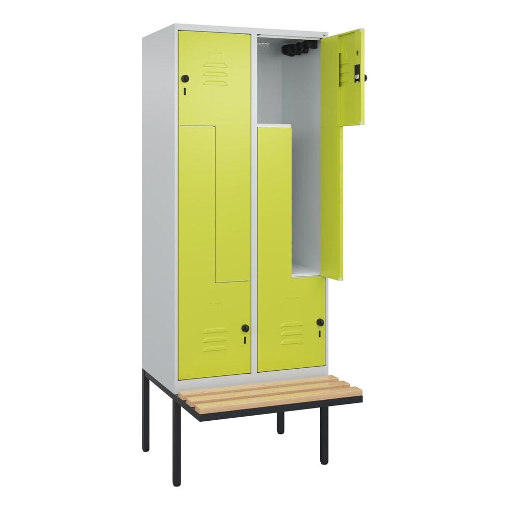 C+P Z-Spind Classic PLUS, 4 Abteile, HxBxT 2.120 x 800 x 815 mm, für Vorhängeschloss, auskragende Bank aus Buche, lichtgrau, clowngrün Illustration du produit: C+P Z-Spind Classic PLUS, 4 Abteile, HxBxT 2.120 x 800 x 815 mm, für Vorhängeschloss, auskragende Bank aus Buche, lichtgrau, clowngrün