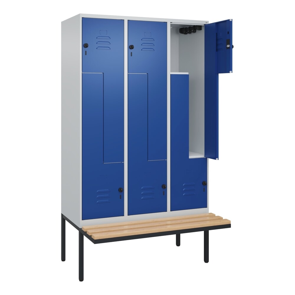 C+P Z-Spind Classic PLUS, 6 Abteile, HxBxT 2.120 x 1.200 x 815 mm, für Vorhängeschloss, auskragende Bank aus Buche, lichtgrau, enzianblau Illustration du produit: C+P Z-Spind Classic PLUS, 6 Abteile, HxBxT 2.120 x 1.200 x 815 mm, für Vorhängeschloss, auskragende Bank aus Buche, lichtgrau, enzianblau