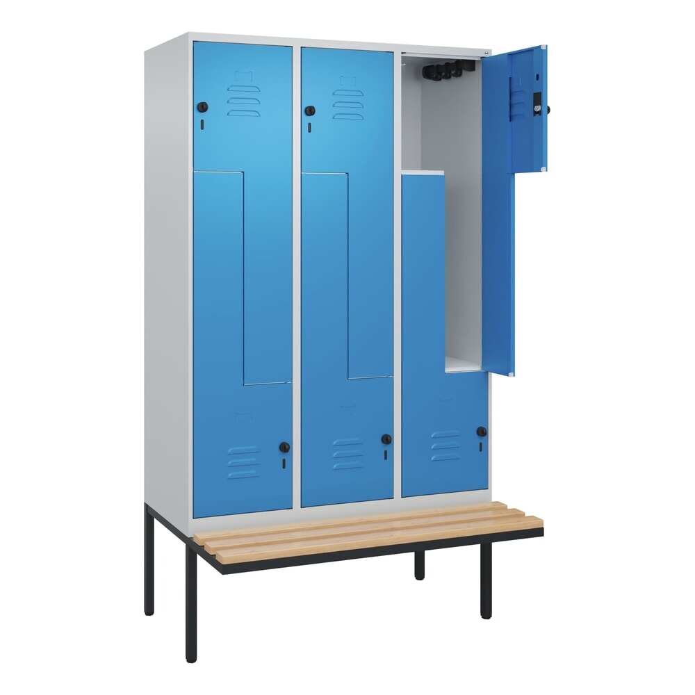 C+P Z-Spind Classic PLUS, 6 Abteile, HxBxT 2.120 x 1.200 x 815 mm, für Vorhängeschloss, auskragende Bank aus Buche, lichtgrau, lichtblau Illustration du produit: C+P Z-Spind Classic PLUS, 6 Abteile, HxBxT 2.120 x 1.200 x 815 mm, für Vorhängeschloss, auskragende Bank aus Buche, lichtgrau, lichtblau